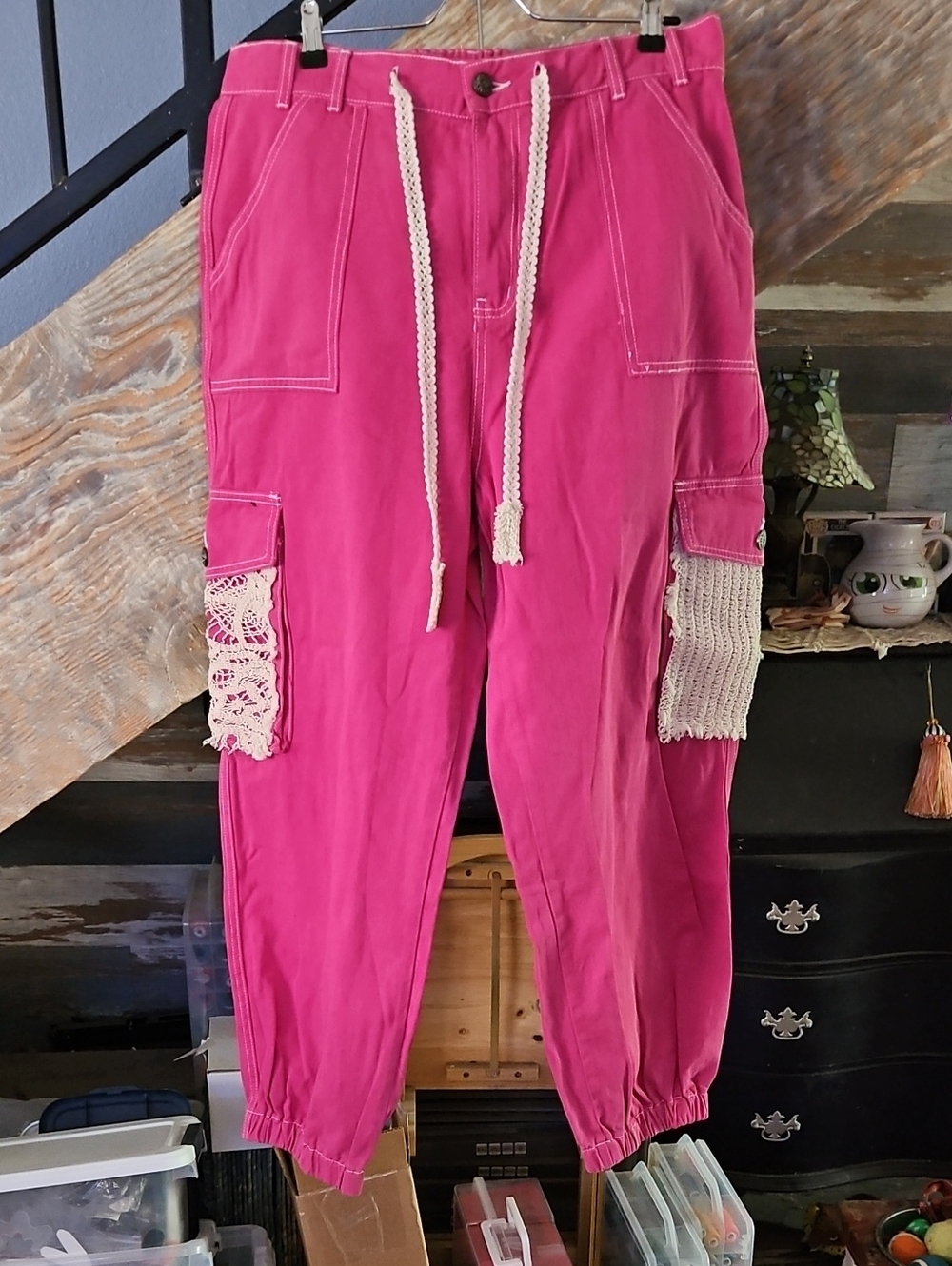 Women’s Pink Cargo Jogger Pants with Crochet Details